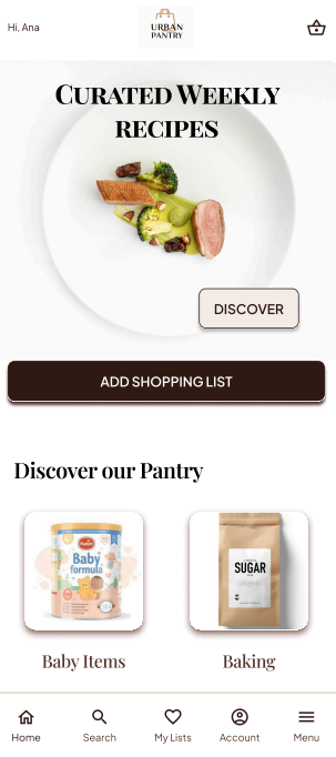Mobile dashboard mockup for Urban Pantry, featuring a workflow-first interface designed for the luxury retail grocery experience.